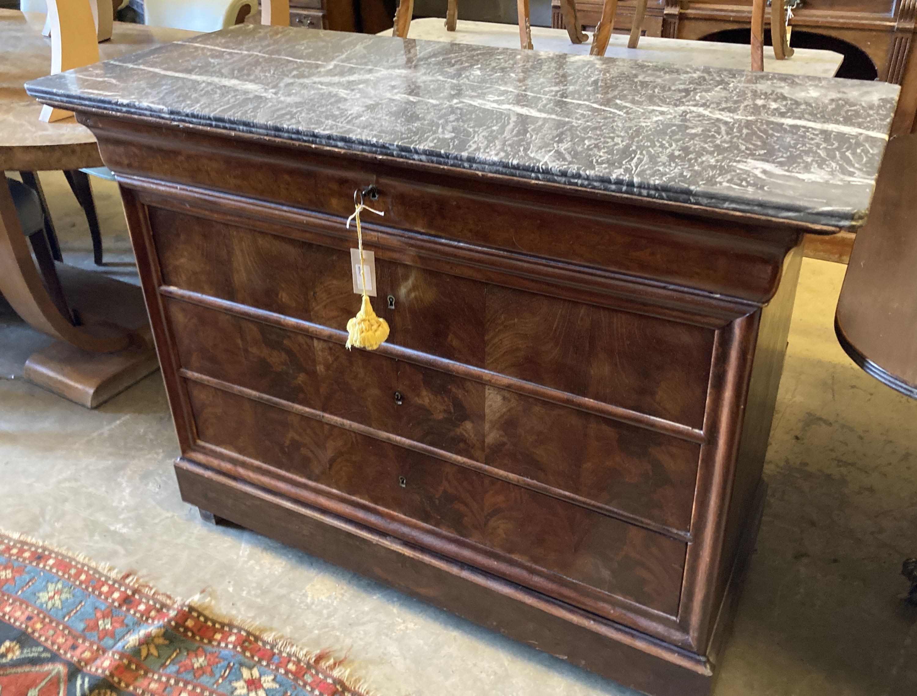 A 19th century French mahogany marble top commode, width 124cm, depth 53cm, height 93cm
